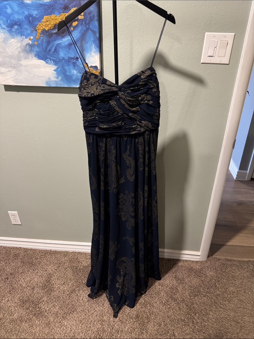 Lauren Ralph Lauren Navy Blue Strapless Metallic Print Maxi Dress